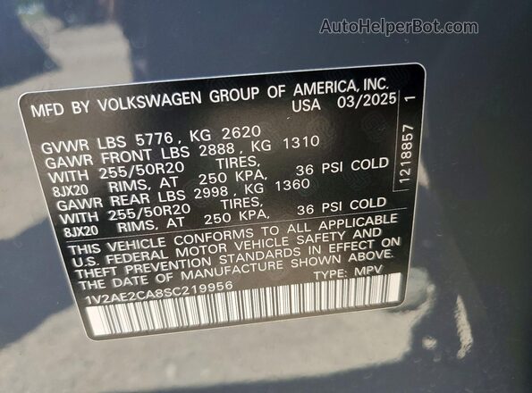 1V2AE2CA8SC219956 2025 VOLKSWAGEN ATLAS Gray Widok naklejki z numerem VIN