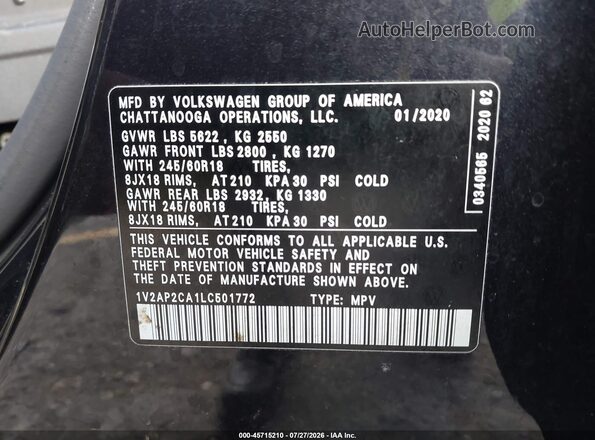 1V2AP2CA1LC501772 2020 VOLKSWAGEN ATLAS Black Շարժիչի բաժամունքի տեսք