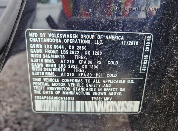 1V2AP2CA3KC514313 2019 VOLKSWAGEN ATLAS Черный Вид наклейки с VIN-кодом