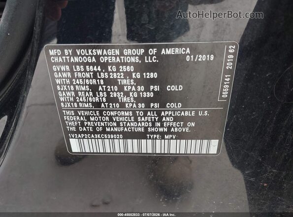 1V2AP2CA3KC539020 2019 VOLKSWAGEN ATLAS Black Vista del compartimento del motor
