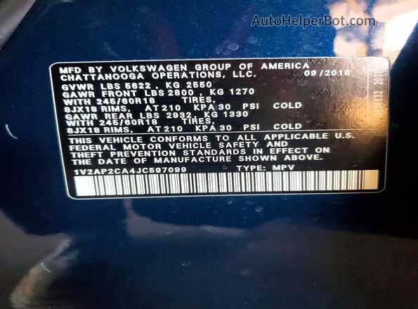 1V2AP2CA4JC597099 2018 VOLKSWAGEN ATLAS Blue Панорамний вид салону 360°