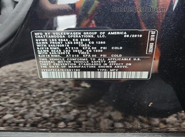 1V2AP2CA7KC581190 2019 VOLKSWAGEN ATLAS Black VIN կոդի պիտակի տեսք