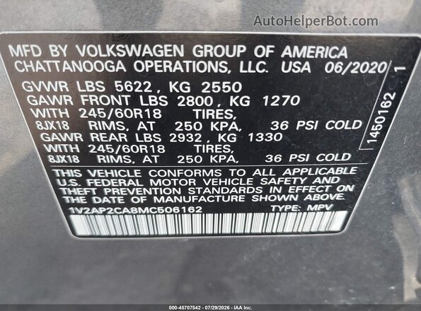 1V2AP2CA8MC506162 2021 VOLKSWAGEN ATLAS Gray Vista del compartimento del motor