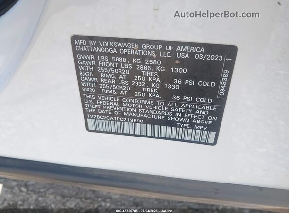 1V2BC2CA1PC219590 2023 VOLKSWAGEN ATLAS White Շարժիչի բաժամունքի տեսք