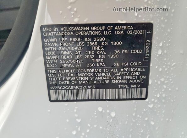 1V2BC2CA9MC225455 2021 VOLKSWAGEN ATLAS White Widok naklejki z numerem VIN