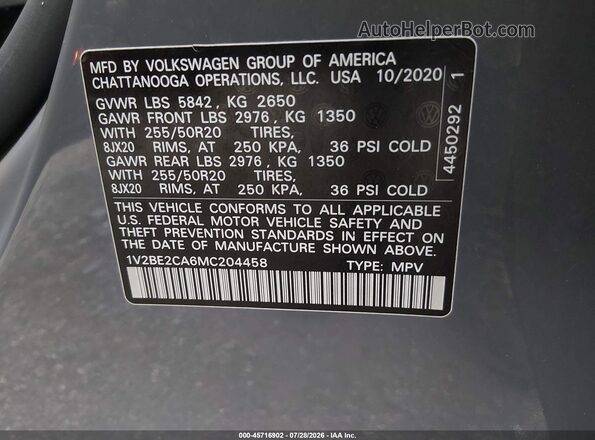 1V2BE2CA6MC204458 2021 VOLKSWAGEN ATLAS Серый Вид подкапотного пространства