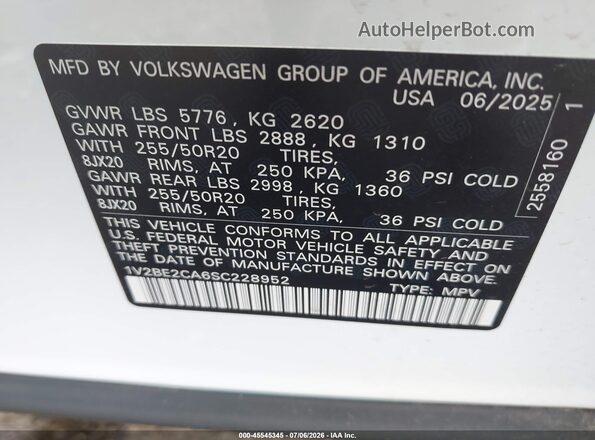 1V2BE2CA6SC228952 2025 VOLKSWAGEN ATLAS White Շարժիչի բաժամունքի տեսք