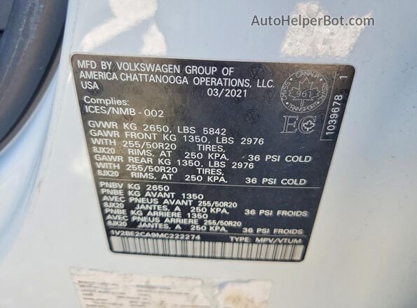 1V2BE2CA9MC222274 2021 VOLKSWAGEN ATLAS White Widok naklejki z numerem VIN