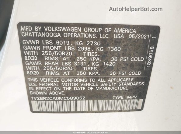1V2BR2CA0MC589052 2021 VOLKSWAGEN ATLAS White Widok komory silnika