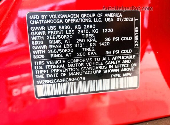 1V2BR2CA3RC504079 2024 VOLKSWAGEN ATLAS Red VIN կոդի պիտակի տեսք