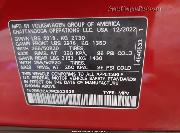 1V2BR2CA7PC523635 2023 VOLKSWAGEN ATLAS Red ძრავის განყოფილების ხედი
