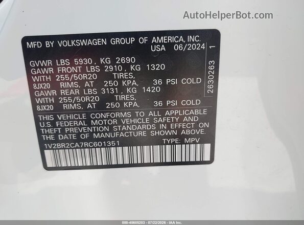1V2BR2CA7RC601351 2024 VOLKSWAGEN ATLAS White Շարժիչի բաժամունքի տեսք