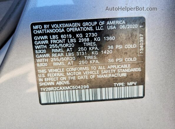 1V2BR2CAXMC504296 2021 VOLKSWAGEN ATLAS Серебряный Панорамный вид салона 360°