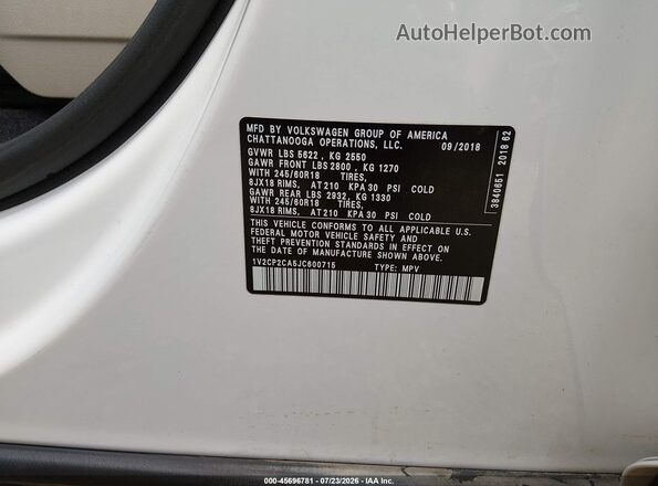 1V2CP2CA5JC600715 2018 VOLKSWAGEN ATLAS White ძრავის განყოფილების ხედი
