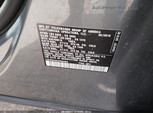 1V2CP2CA6JC593094 2018 VOLKSWAGEN ATLAS Gray ძრავის განყოფილების ხედი