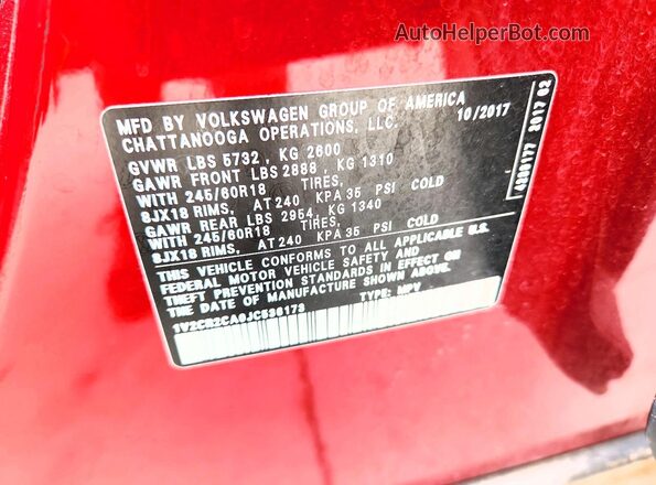 1V2CR2CA0JC536173 2018 VOLKSWAGEN ATLAS Red Вид наклейки з VIN-кодом