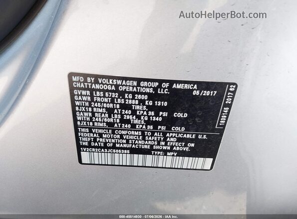 1V2CR2CA3JC505385 2018 VOLKSWAGEN ATLAS Серебряный Вид подкапотного пространства