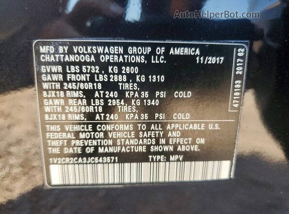 1V2CR2CA3JC543571 2018 VOLKSWAGEN ATLAS Черный Вид наклейки с VIN-кодом