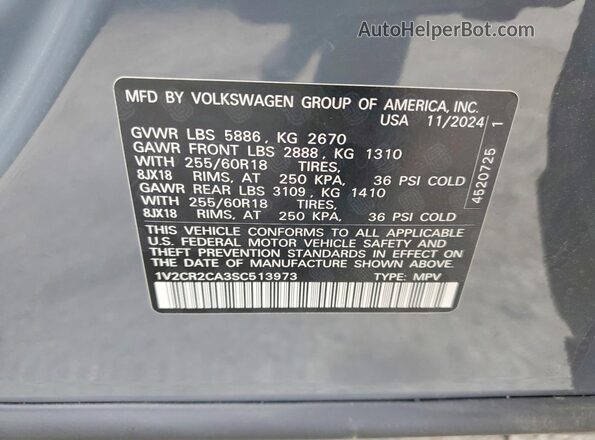 1V2CR2CA3SC513973 2025 VOLKSWAGEN ATLAS Gray Widok naklejki z numerem VIN