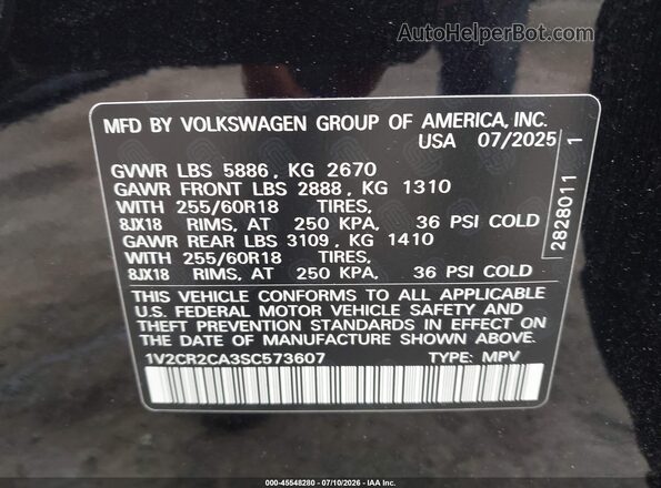1V2CR2CA3SC573607 2025 VOLKSWAGEN ATLAS Black Engine compartment view