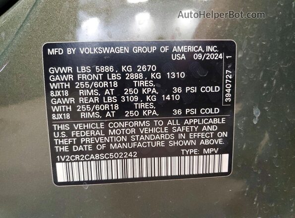 1V2CR2CA8SC502242 2025 VOLKSWAGEN ATLAS Green Вид наклейки з VIN-кодом
