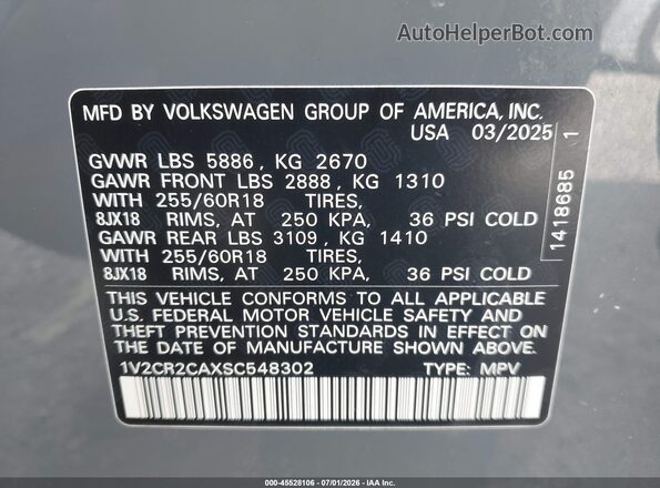 1V2CR2CAXSC548302 2025 VOLKSWAGEN ATLAS Gray Widok komory silnika