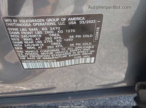 1V2DC2CA7NC216313 2022 VOLKSWAGEN ATLAS Gray Vista del compartimento del motor