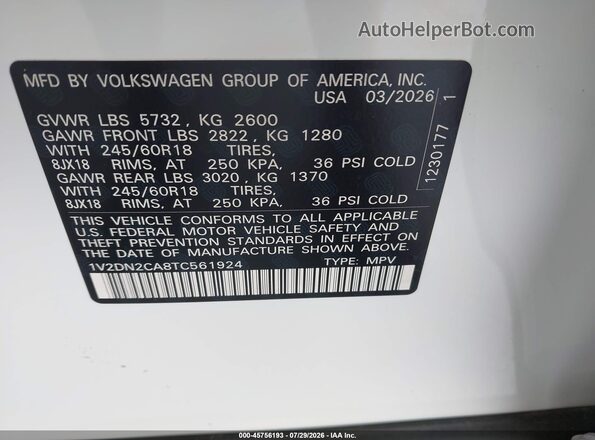 1V2DN2CA8TC561924 2026 VOLKSWAGEN ATLAS White Вид підкапотного простору