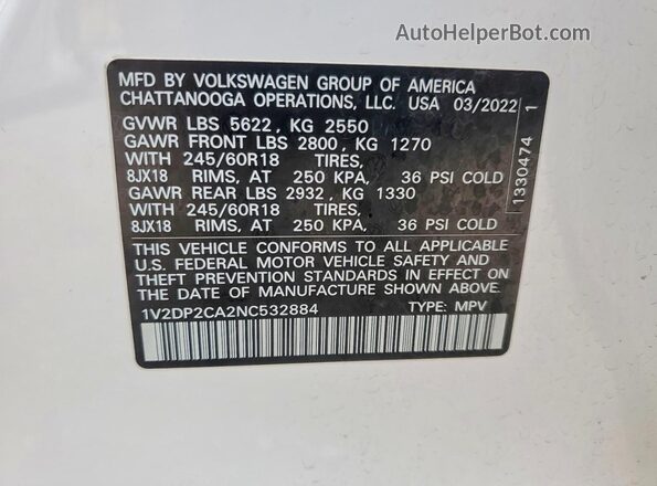 1V2DP2CA2NC532884 2022 VOLKSWAGEN ATLAS White Вид наклейки з VIN-кодом