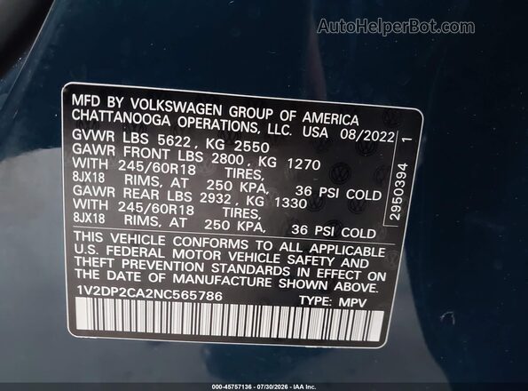 1V2DP2CA2NC565786 2022 VOLKSWAGEN ATLAS Dark Blue Widok komory silnika