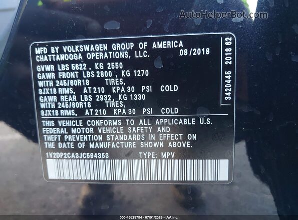 1V2DP2CA3JC594353 2018 VOLKSWAGEN ATLAS Black Вид підкапотного простору