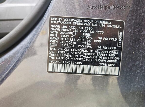 1V2DP2CA3NC527435 2022 VOLKSWAGEN ATLAS Silver VIN კოდის სტიკერის ხედი