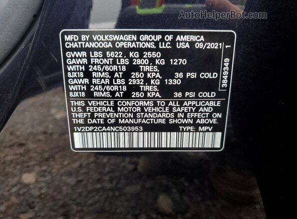 1V2DP2CA4NC503953 2022 VOLKSWAGEN ATLAS Черный Вид наклейки с VIN-кодом