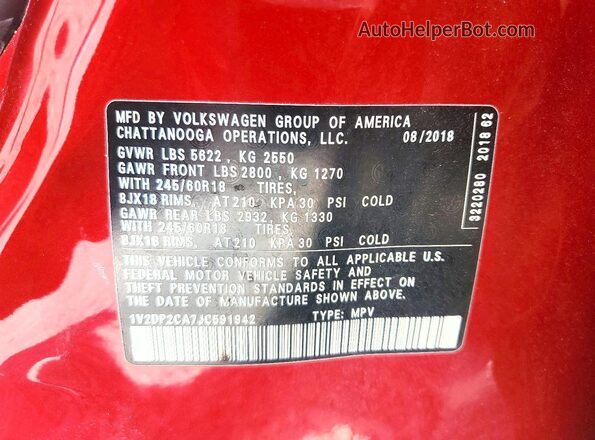 1V2DP2CA7JC591942 2018 VOLKSWAGEN ATLAS Red Vista del compartimento del motor