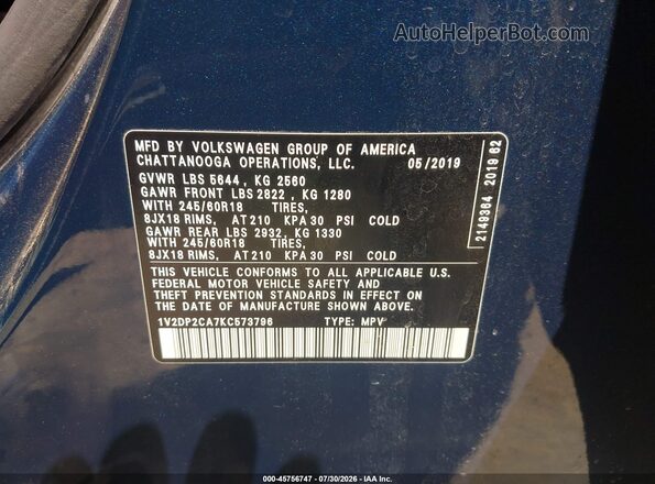1V2DP2CA7KC573796 2019 VOLKSWAGEN ATLAS Blue Vista del compartimento del motor
