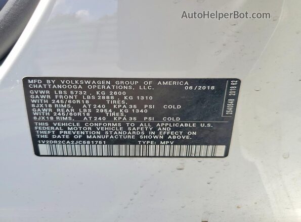 1V2DR2CA2JC581751 2018 VOLKSWAGEN ATLAS White Вид наклейки з VIN-кодом