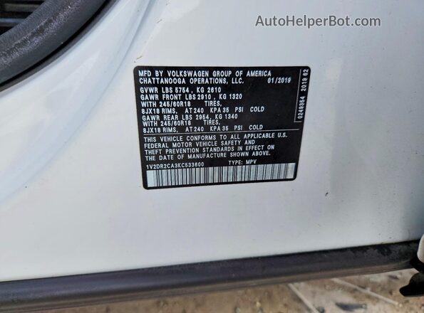 1V2DR2CA3KC533600 2019 VOLKSWAGEN ATLAS White Engine compartment view