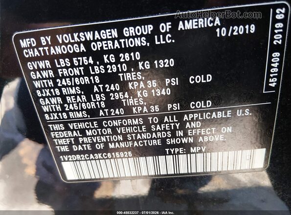1V2DR2CA3KC615925 2019 VOLKSWAGEN ATLAS Black ძრავის განყოფილების ხედი