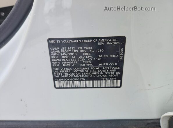 1V2DR2CA3SC553376 2025 VOLKSWAGEN ATLAS Белый Вид наклейки с VIN-кодом