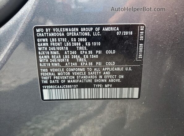 1V2DR2CA4JC585137 2018 VOLKSWAGEN ATLAS Gray Widok wnętrza 360 stopni