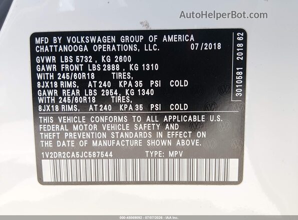 1V2DR2CA5JC587544 2018 VOLKSWAGEN ATLAS White Vista del compartimento del motor