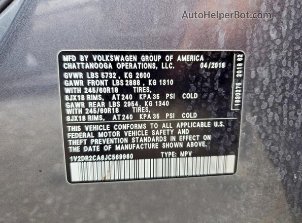 1V2DR2CA6JC569960 2018 VOLKSWAGEN ATLAS Gray VIN կոդի պիտակի տեսք