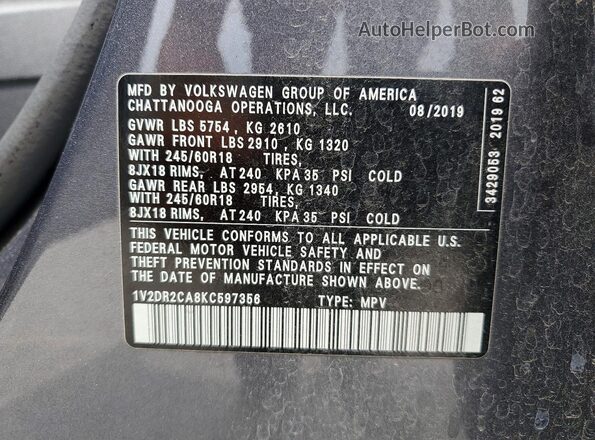 1V2DR2CA8KC597356 2019 VOLKSWAGEN ATLAS Gray ძრავის განყოფილების ხედი