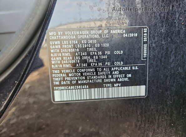 1V2DR2CA9KC562454 2019 VOLKSWAGEN ATLAS Black Вид наклейки з VIN-кодом