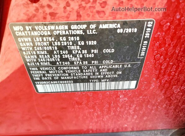 1V2DR2CA9KC606033 2019 VOLKSWAGEN ATLAS Red Вид наклейки з VIN-кодом