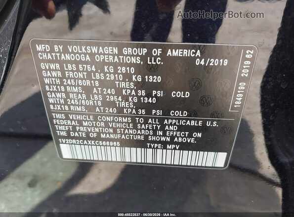 1V2DR2CAXKC566965 2019 VOLKSWAGEN ATLAS Black Engine compartment view