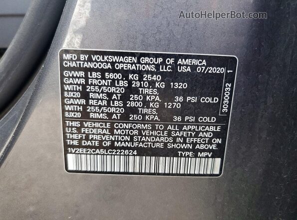 1V2EE2CA5LC222624 2020 VOLKSWAGEN ATLAS Gray Панорамний вид салону 360°