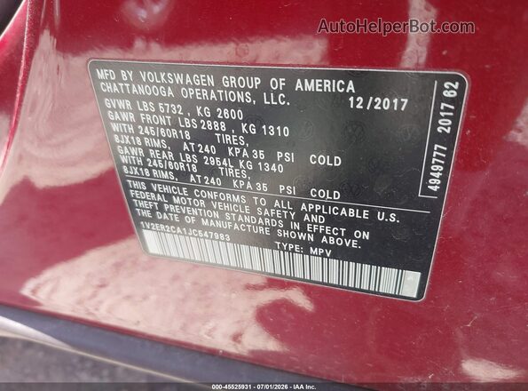 1V2ER2CA1JC547983 2018 VOLKSWAGEN ATLAS Красный Вид подкапотного пространства