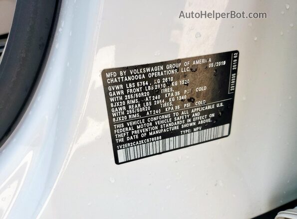 1V2ER2CA2KC576586 2019 VOLKSWAGEN ATLAS White VIN sticker view
