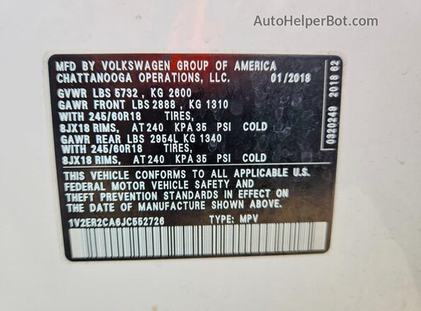1V2ER2CA6JC552726 2018 VOLKSWAGEN ATLAS White Vista de la etiqueta del VIN